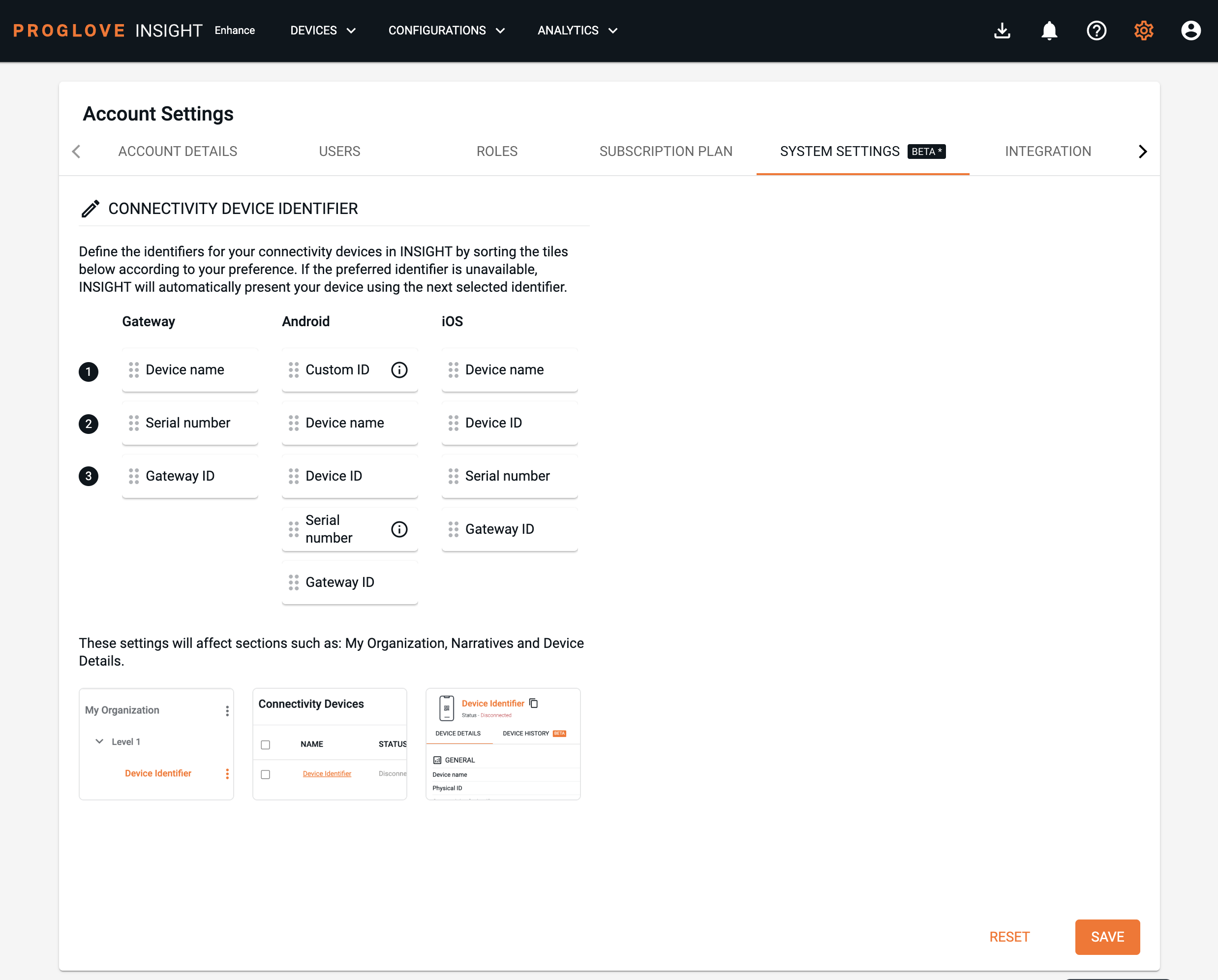 INSIGHT Configuration for the custom device ID