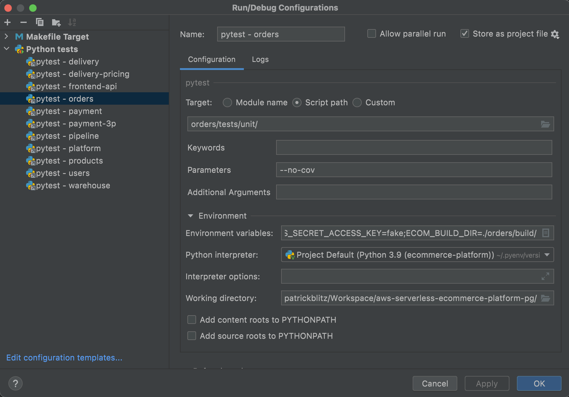 Runconfig in pycharm